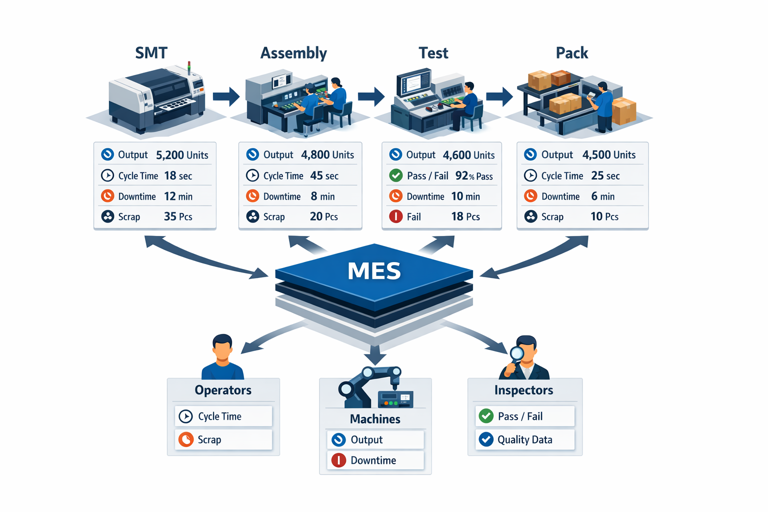 MES real-time shop-floor data collection across SMT assembly test and packing stations