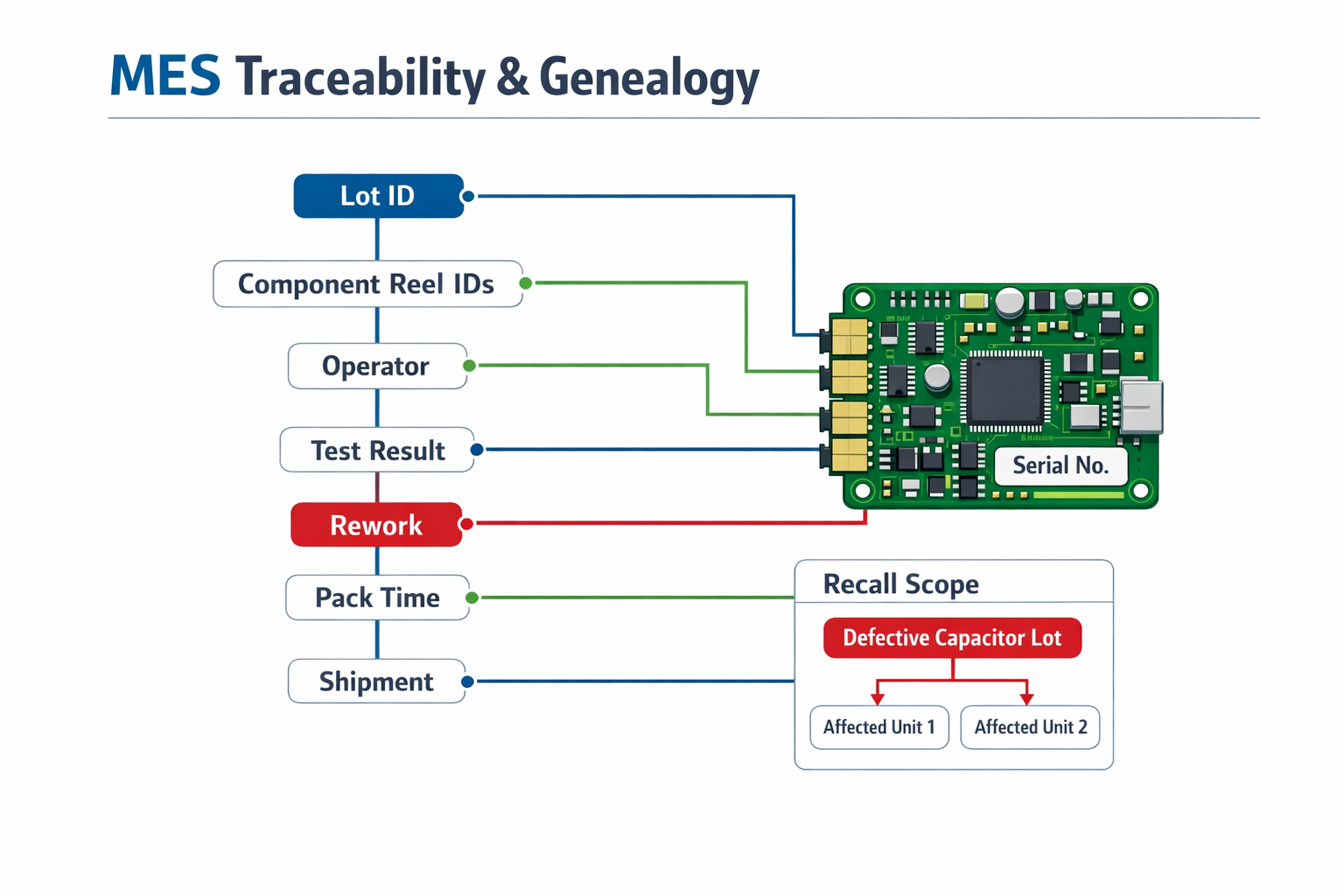 MES traceability and genealogy linking material lots inspections and finished PCB serial numbers