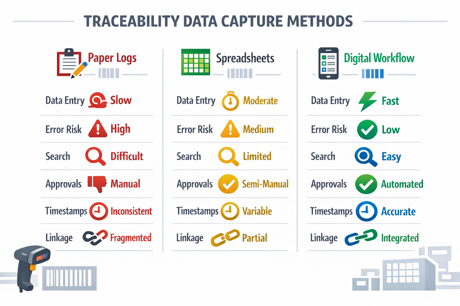 Comparison of paper logs, spreadsheets, and digital workflows for manufacturing traceability data capture