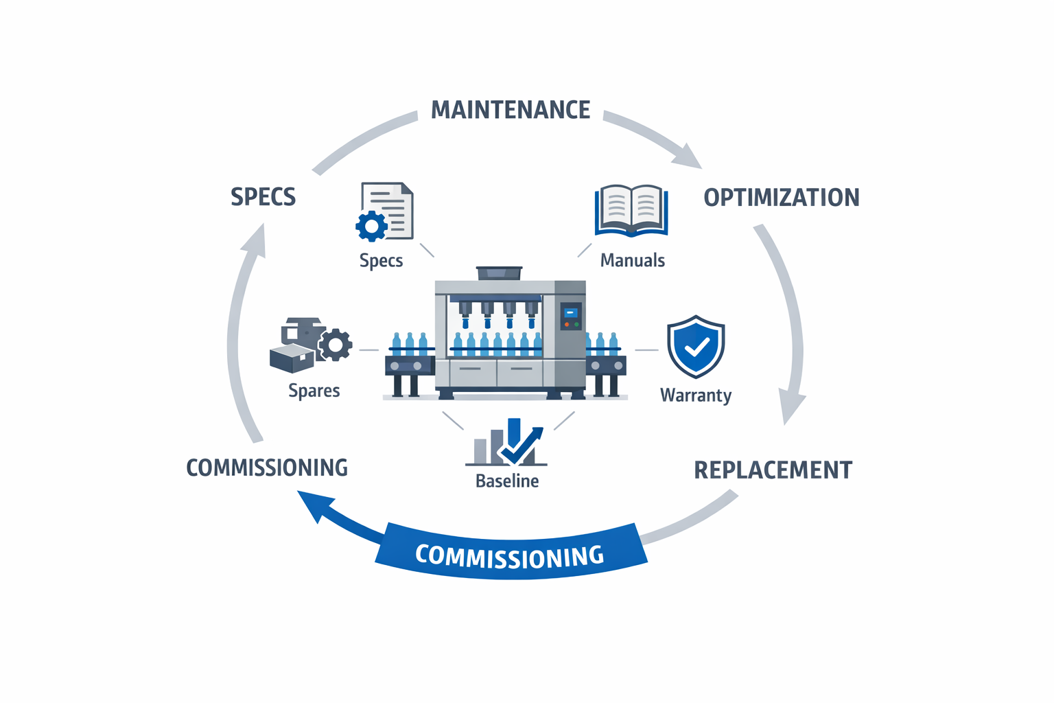 Manufacturing asset management lifecycle diagram showing commissioning, operation, maintenance, optimization, and replacement