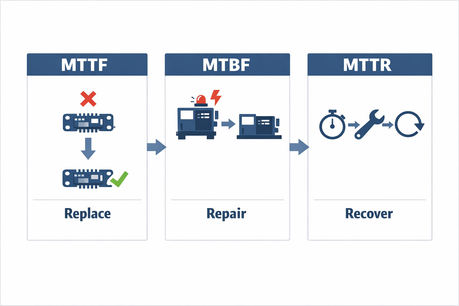 Comparison infographic explaining the difference between MTTF MTBF and MTTR for maintenance metrics