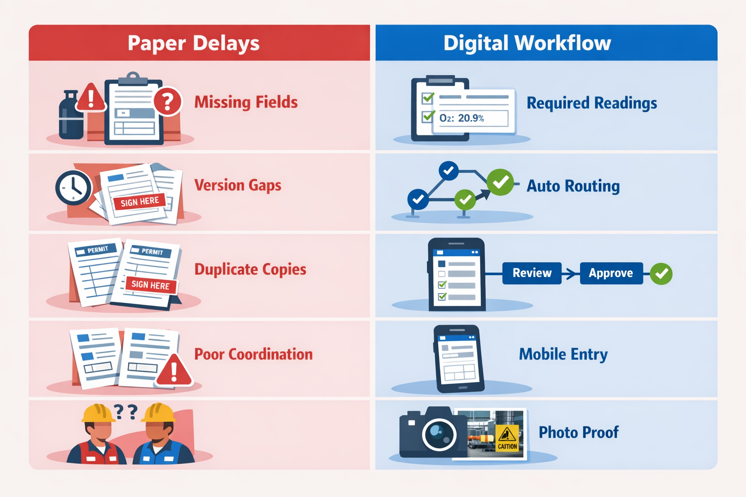Infographic so sánh giấy phép làm việc trong không gian hạn chế bằng giấy với quy trình cấp phép điện tử về an toàn sản xuất.