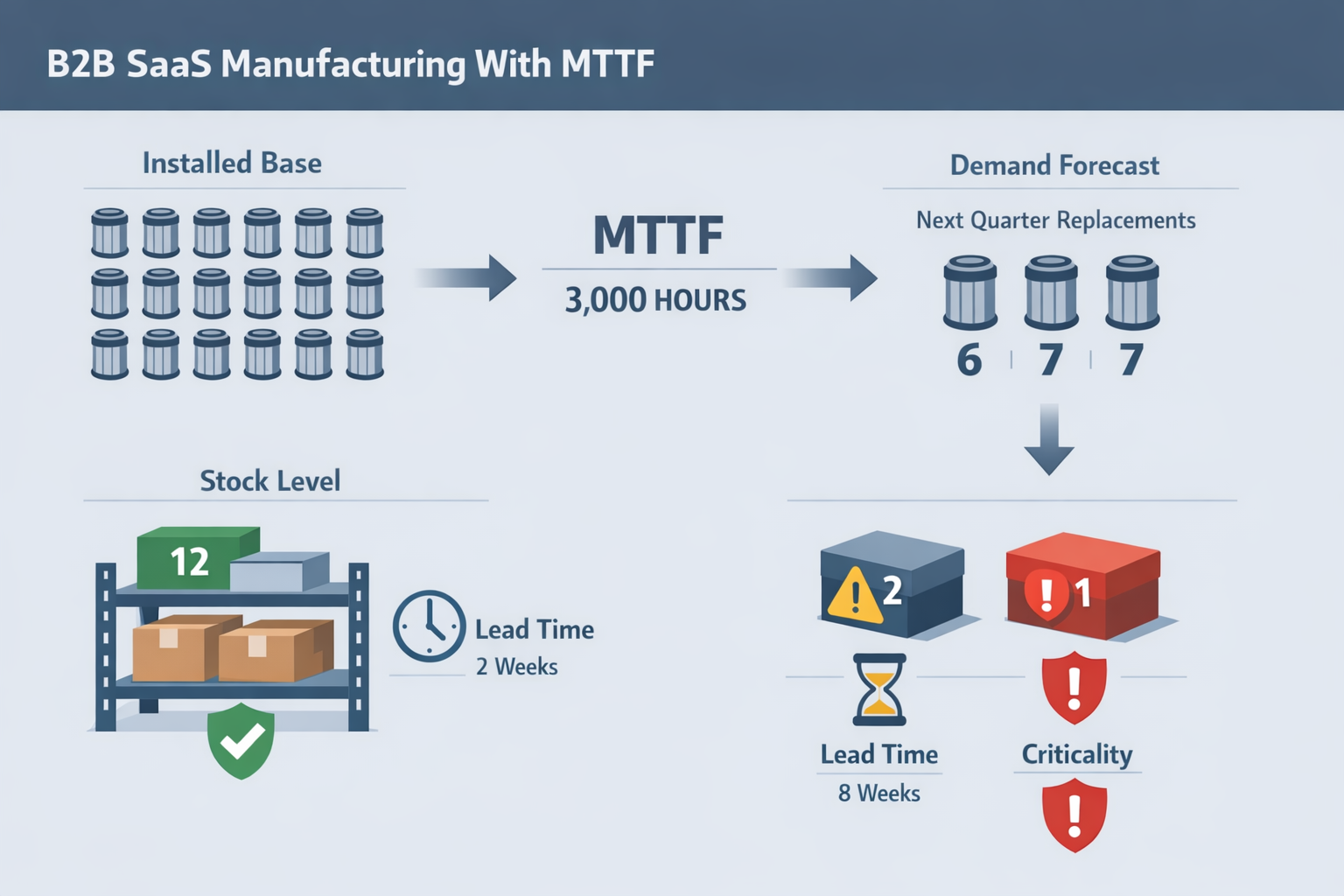 Infographic showing how MTTF helps forecast spare parts demand and set inventory stock levels in manufacturing