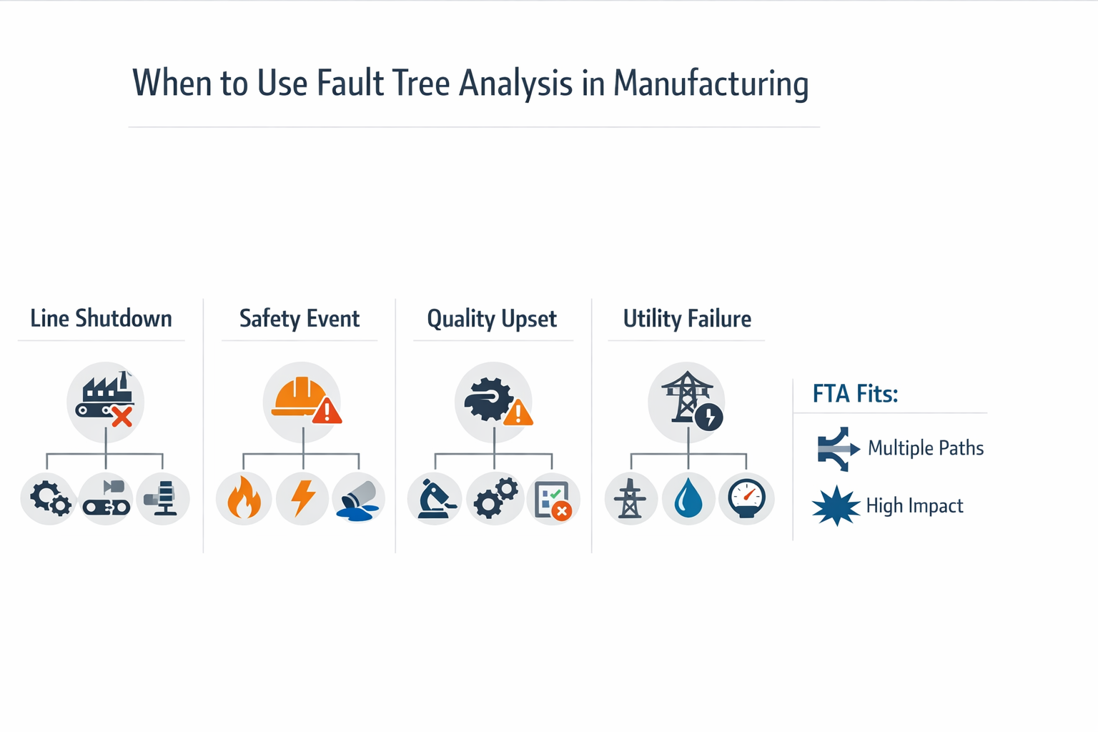 Infographic showing when to use fault tree analysis for shutdowns, safety incidents, and quality risks in manufacturing