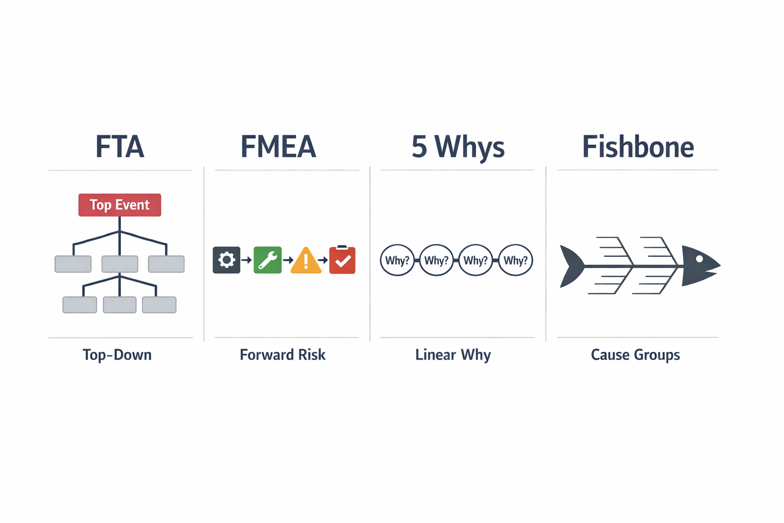 Comparison infographic of fault tree analysis, FMEA, 5 Whys, and fishbone for manufacturing problem solving