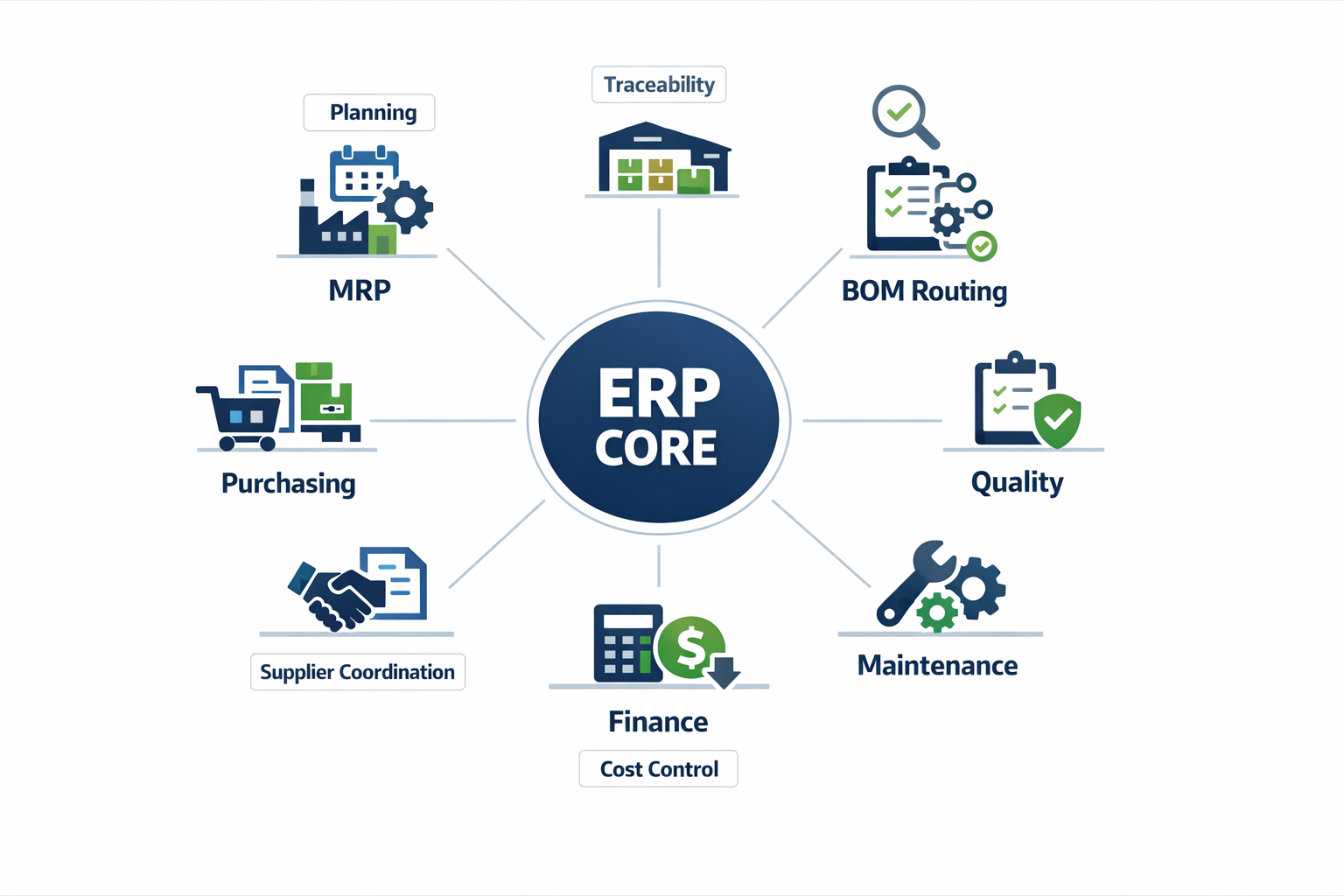 Key modules in a manufacturing ERP including MRP, inventory, BOM routing, quality, maintenance, purchasing, and finance