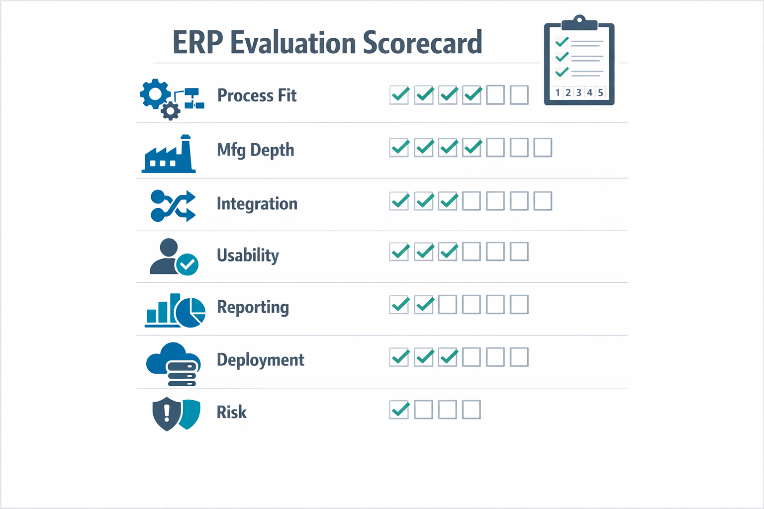 Manufacturing ERP selection scorecard with seven evaluation criteria including process fit, integration, usability, and risk
