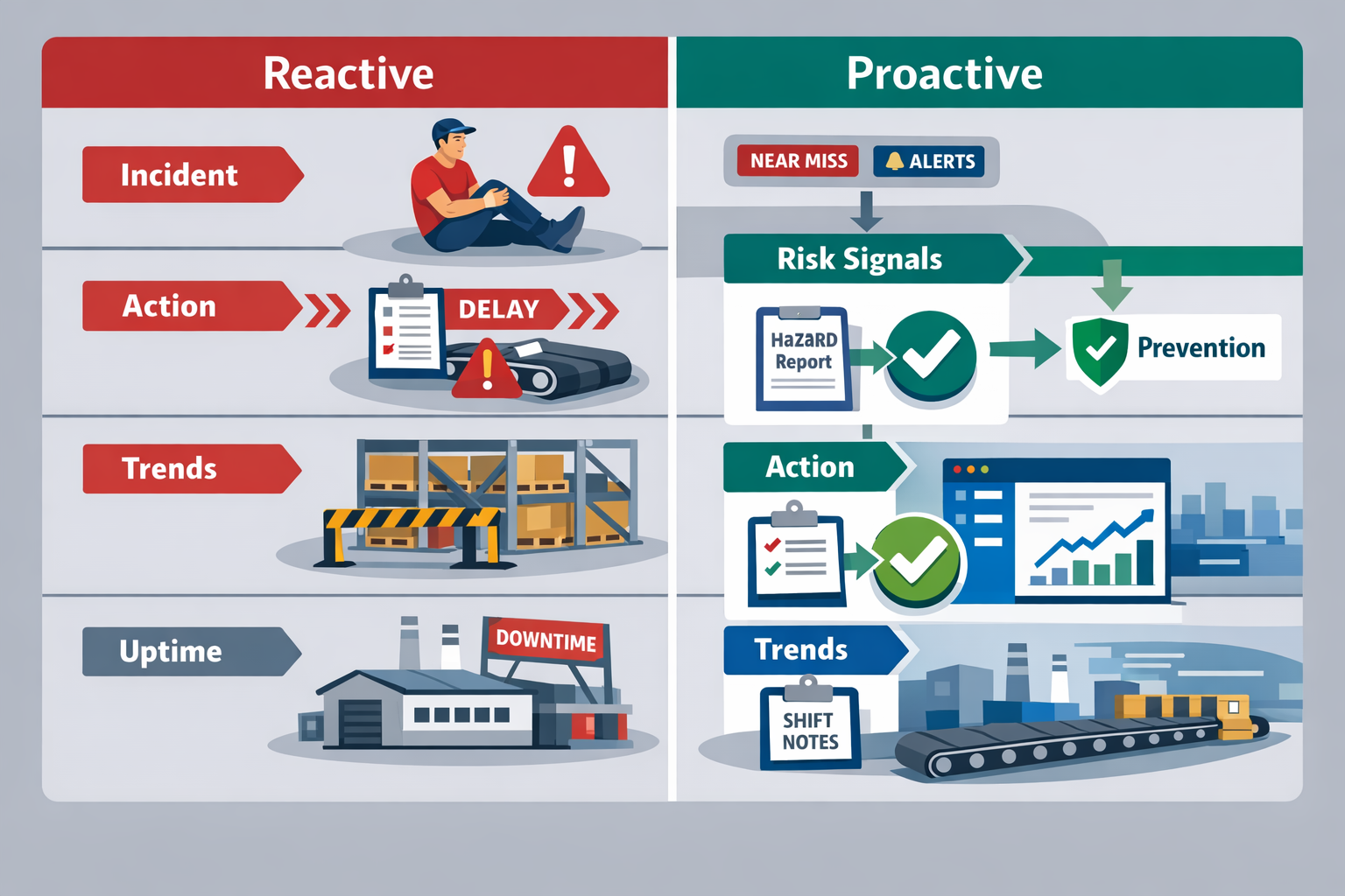 Reactive versus proactive EHS management comparison in manufacturing