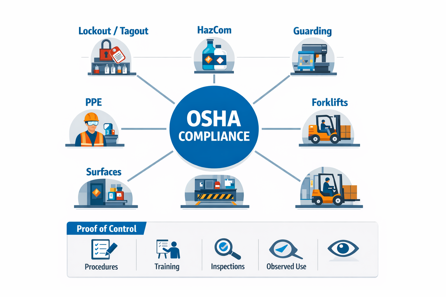 Infographic of key OSHA compliance standards for manufacturers including lockout tagout hazard communication machine guarding PPE walking surfaces and forklifts