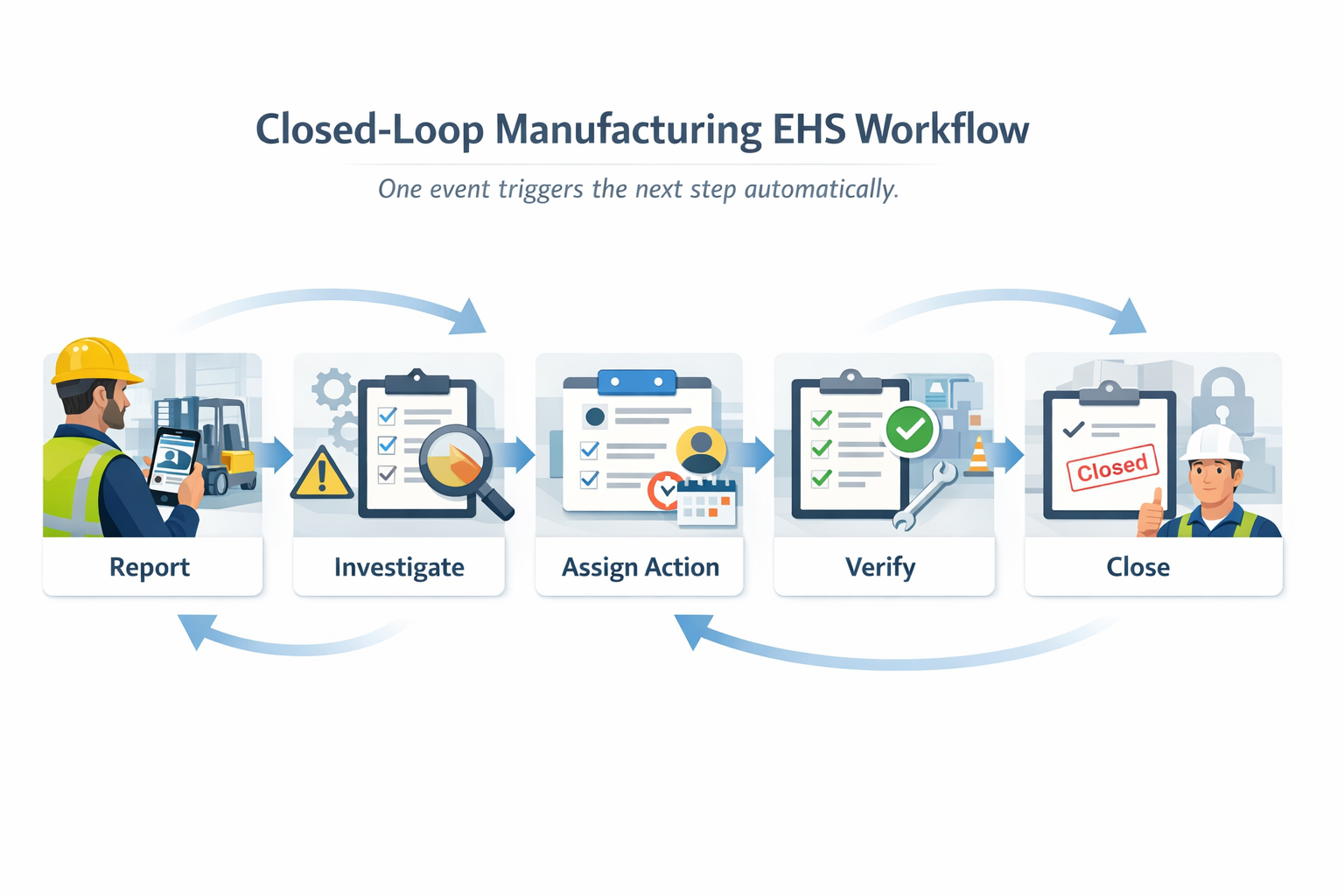Closed-loop EHS software incident reporting and corrective action workflow for manufacturing plants