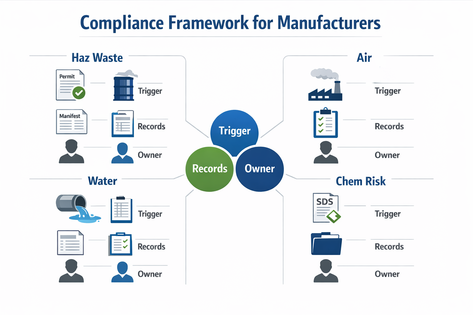 Infographic showing key environmental compliance areas for manufacturers including hazardous waste, air, water, and chemical reporting requirements.