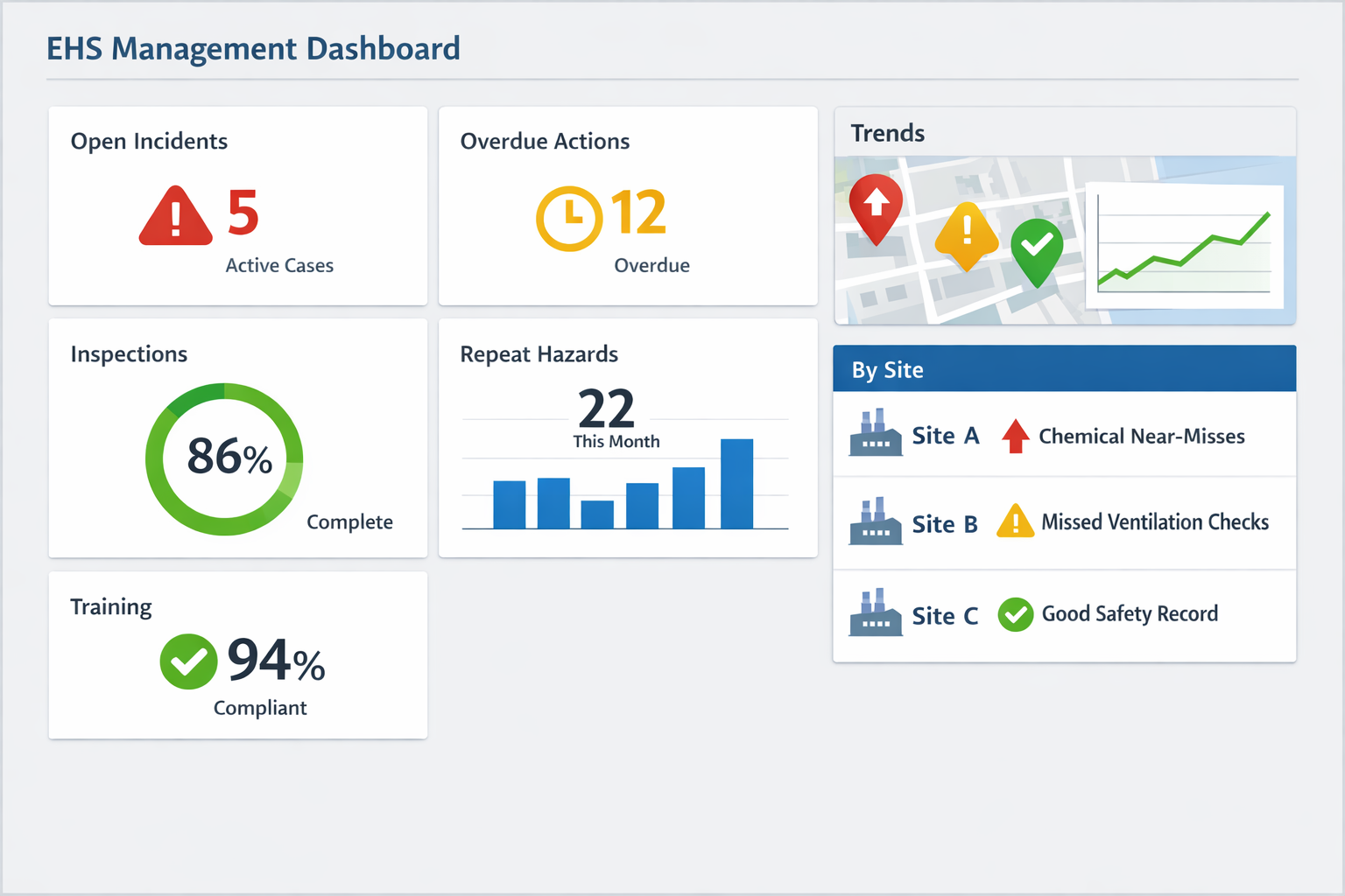 Real-time EHS software dashboard for manufacturing sites showing incidents actions inspections and trends