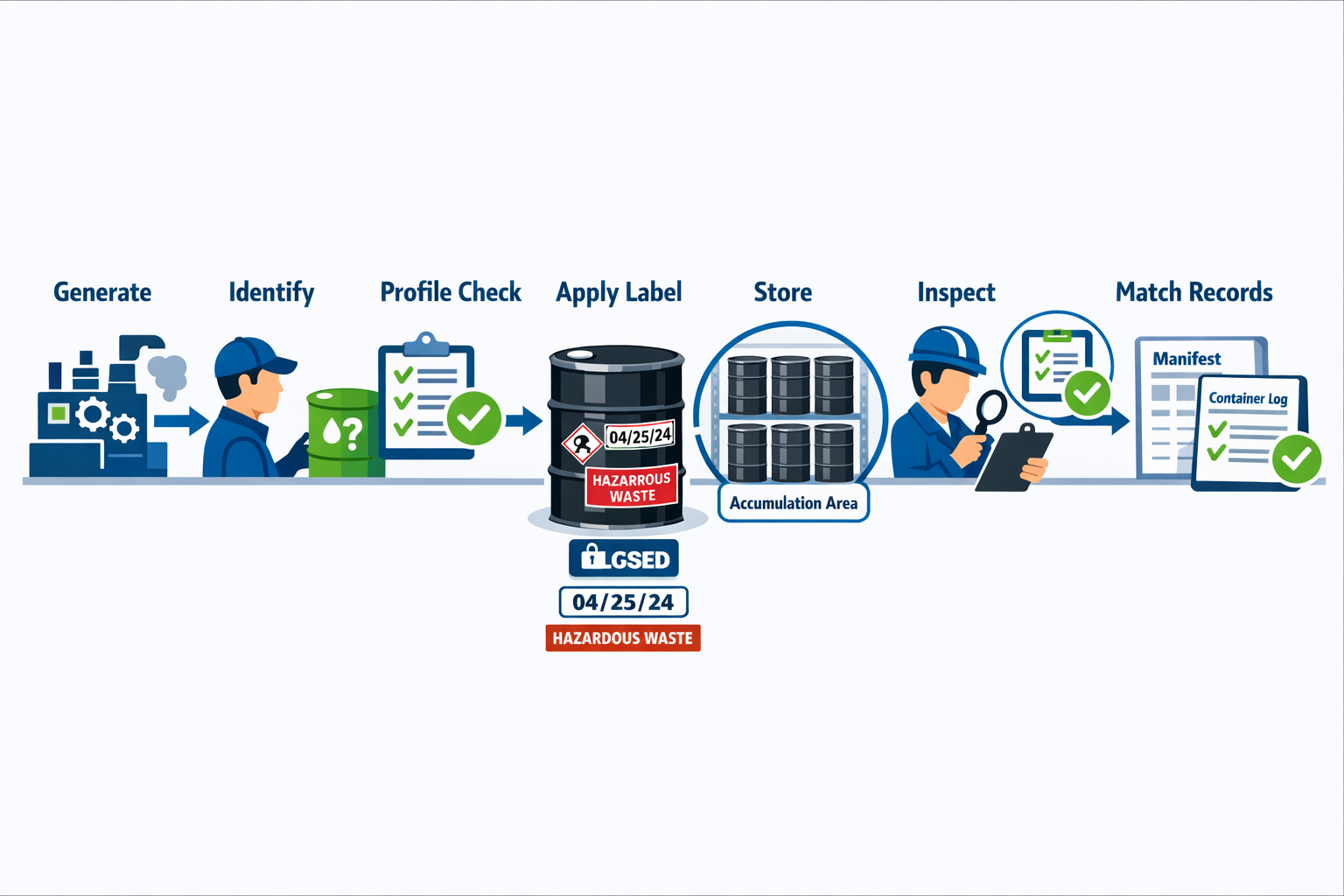 Hazardous waste compliance workflow showing classification, labeling, storage, inspection, and disposal record matching in manufacturing.
