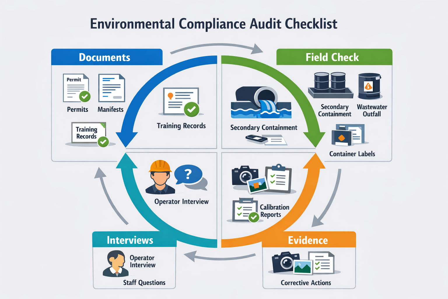 Environmental compliance audit checklist infographic with documents, field observations, interviews, and evidence review.