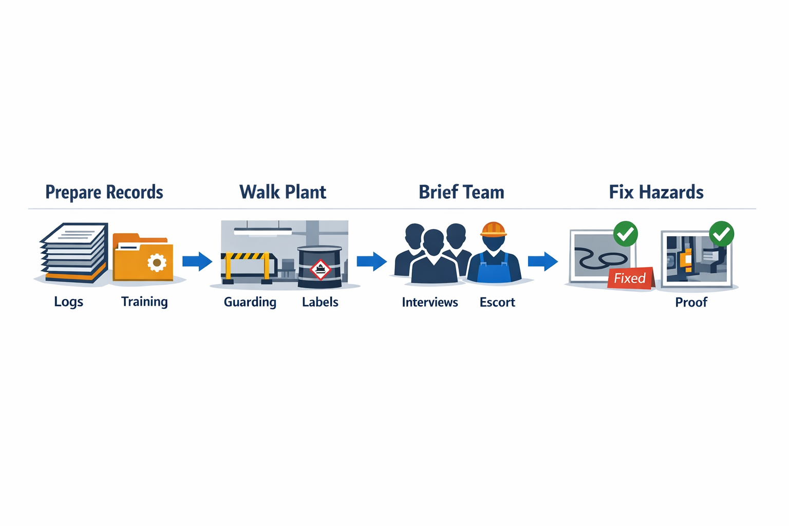 OSHA inspection preparation checklist infographic for manufacturers showing records review plant walkthrough team briefing and hazard correction proof