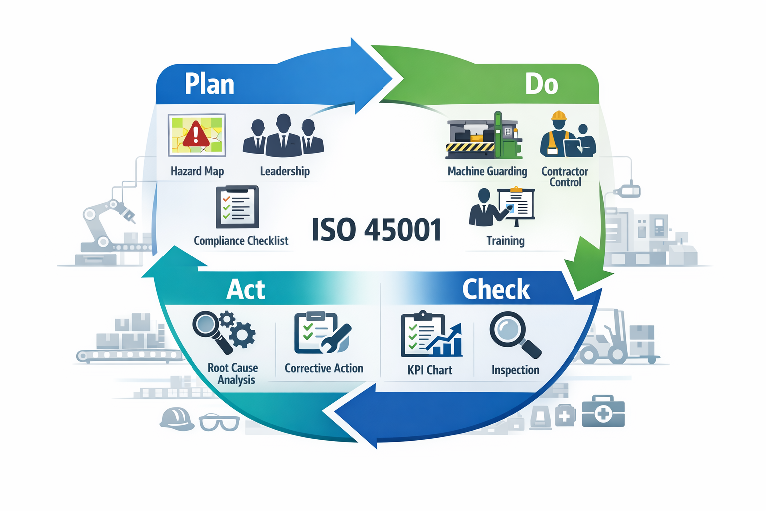 ISO 45001 PDCA framework infographic for manufacturing certification requirements