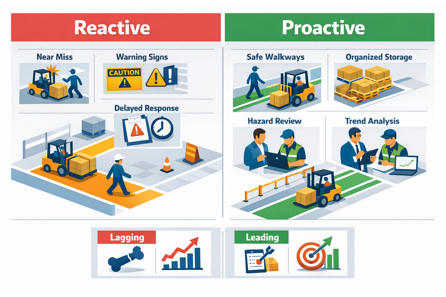 Reactive versus proactive safety culture comparison on a manufacturing floor with near-miss prevention and leading indicators