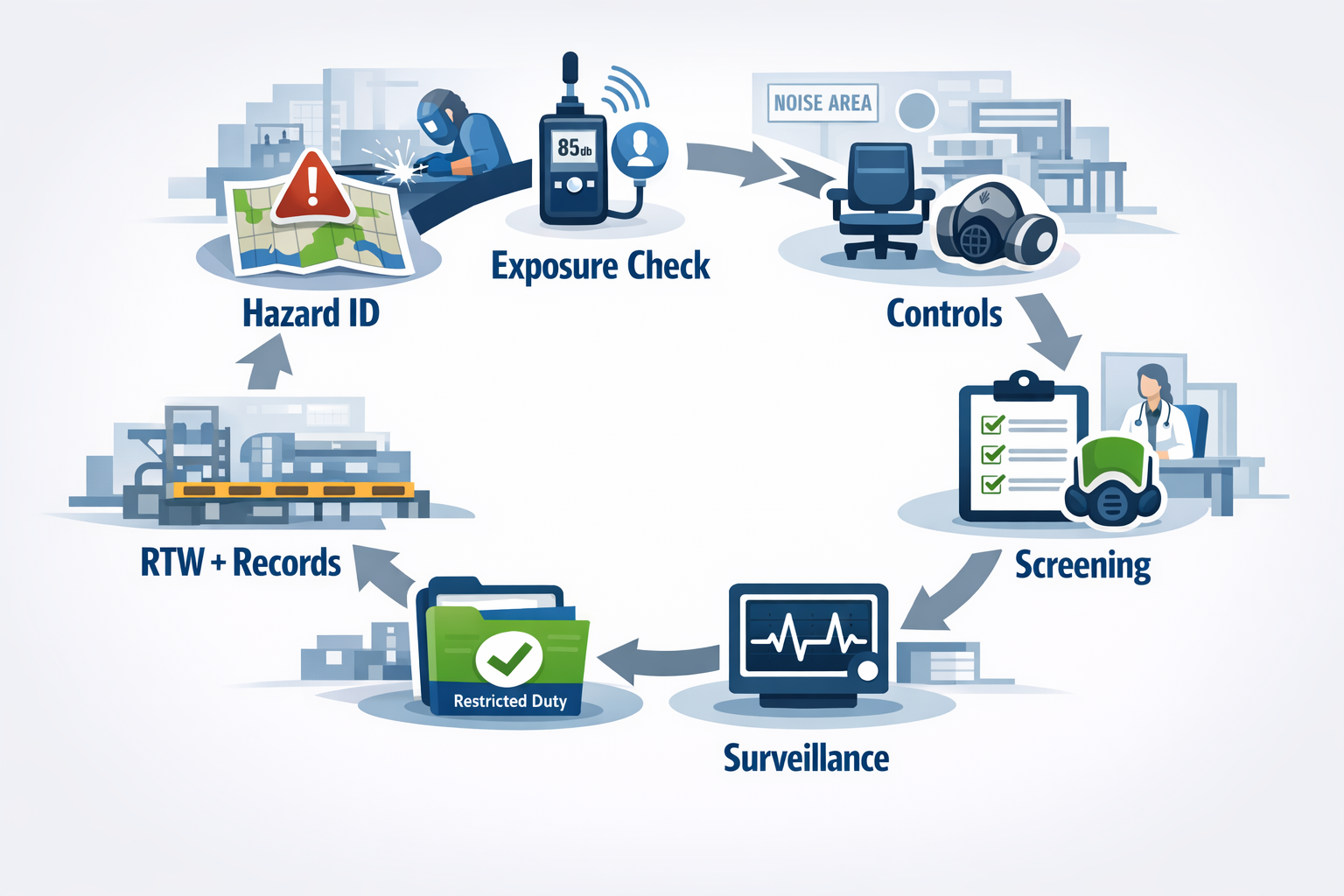 Core elements of an occupational health program in manufacturing shown as a step-by-step framework