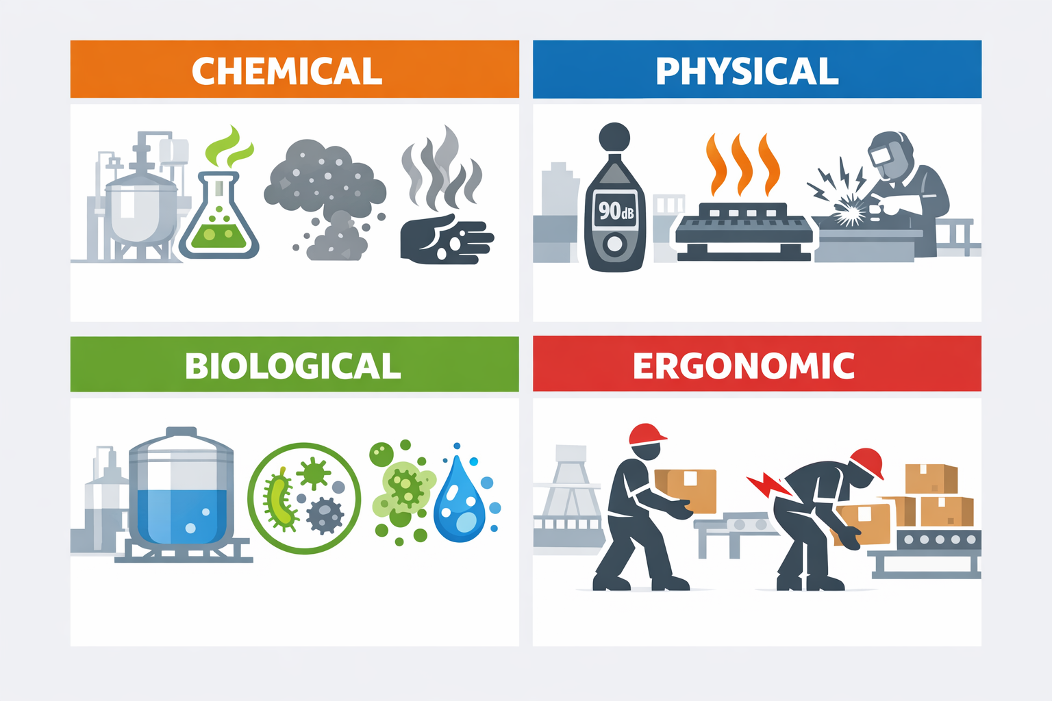 Manufacturing workplace health hazard categories including chemical, physical, biological, and ergonomic risks
