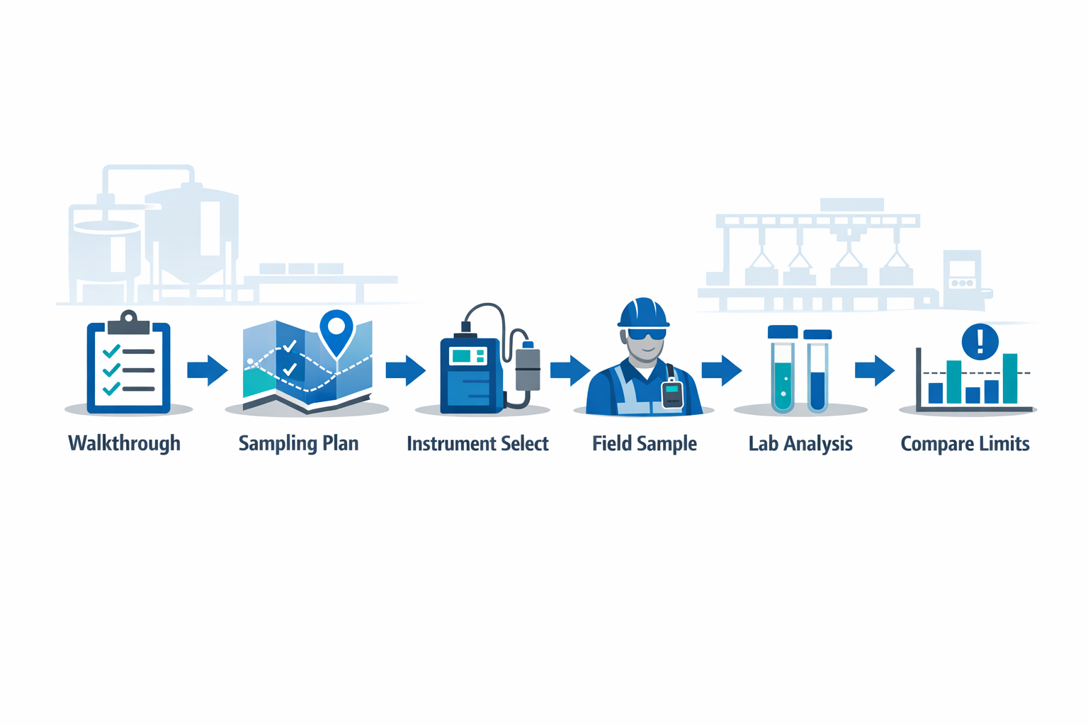 Industrial hygiene exposure sampling workflow from walkthrough to lab analysis and exposure limit comparison