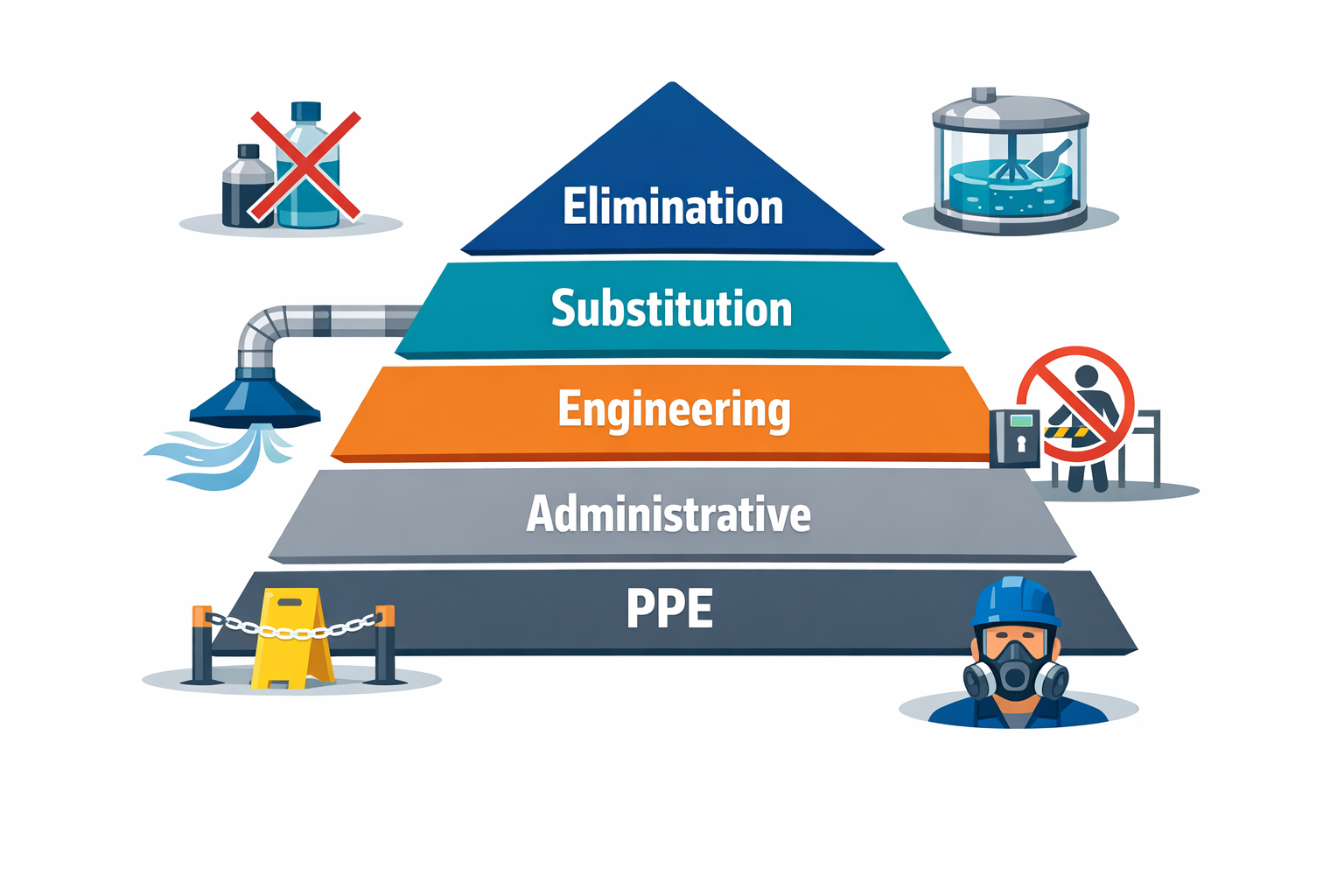 Hierarchy of controls pyramid for industrial hygiene in manufacturing environments