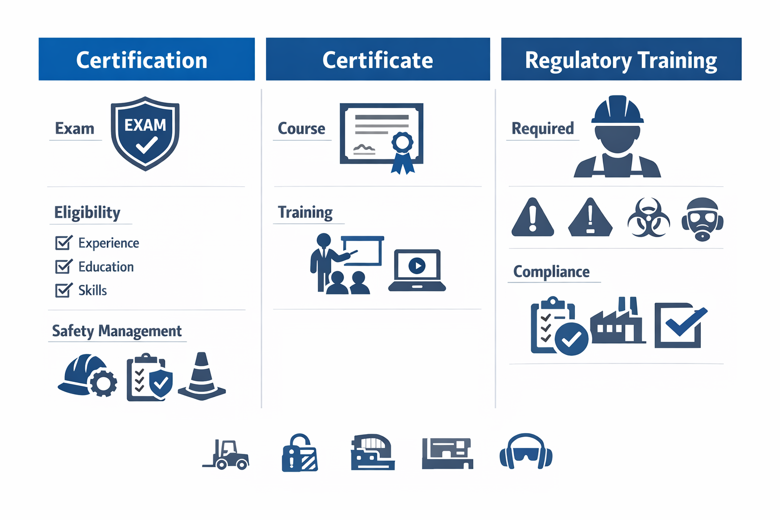 Infographic comparing professional safety certification, training certificate, and regulatory safety training for manufacturing teams