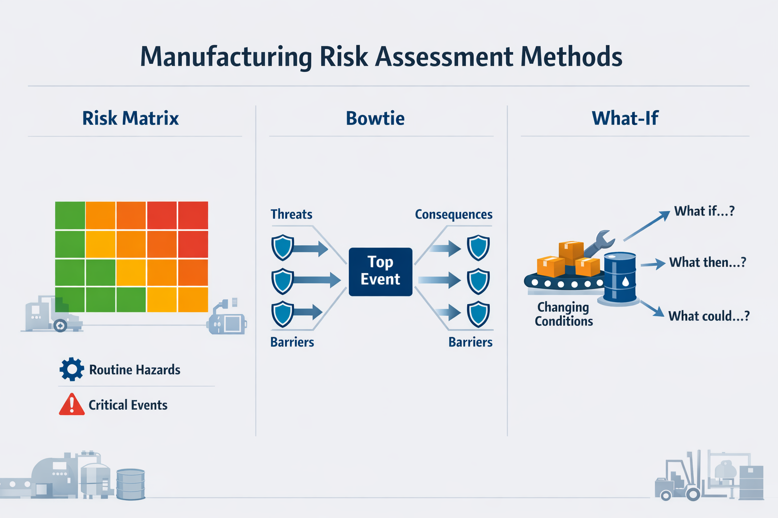 Comparison infographic of risk matrix, bowtie analysis, and what-if analysis for manufacturing risk assessment tools