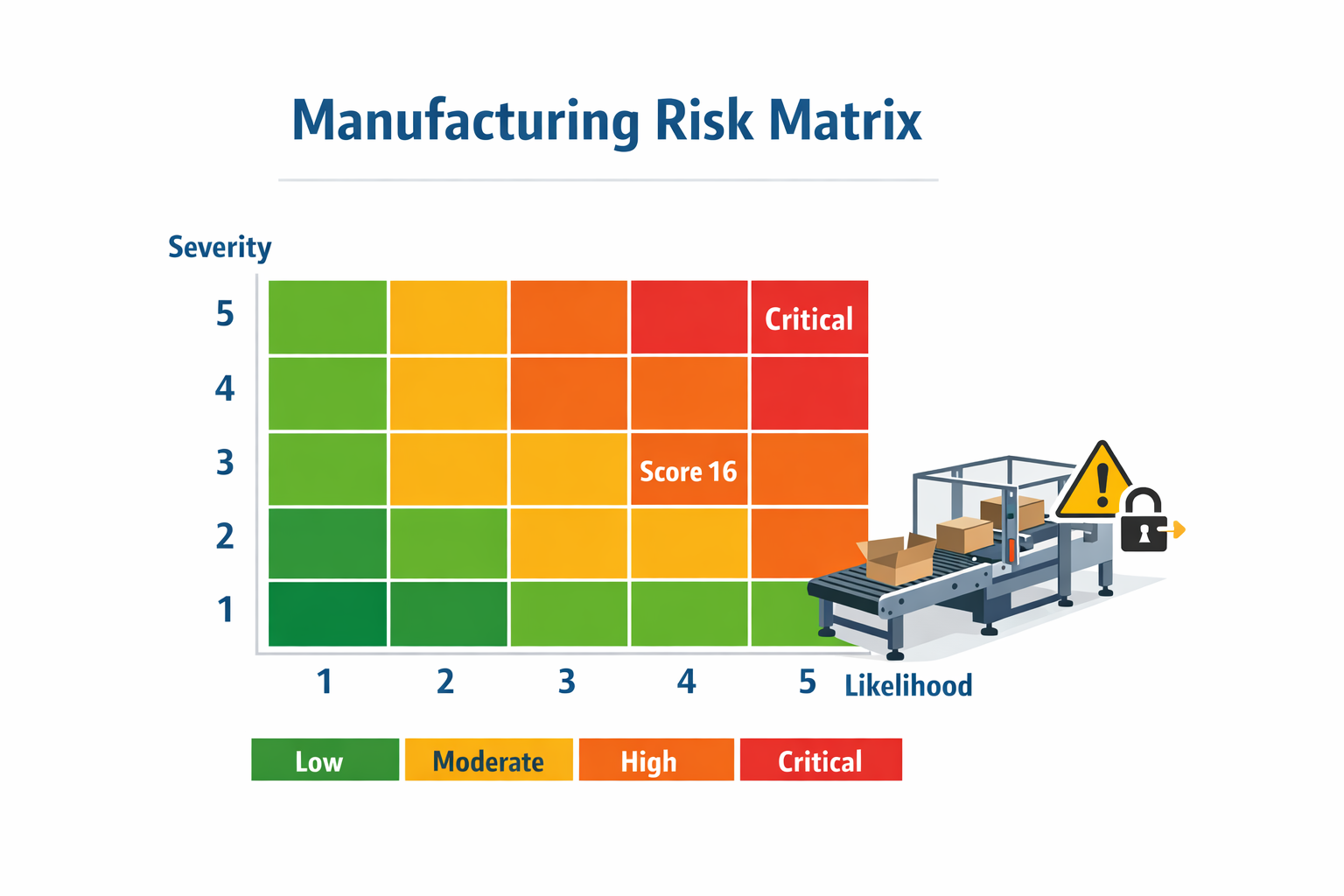5x5 manufacturing risk matrix showing severity, likelihood, and a machine guard hazard scored at 16