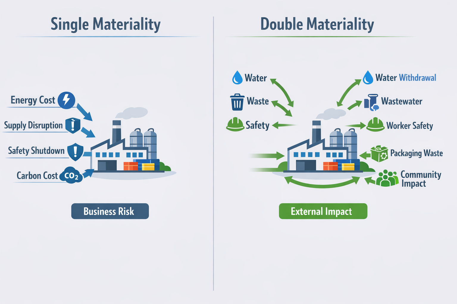 Infographic comparing single materiality and double materiality in ESG reporting for manufacturers