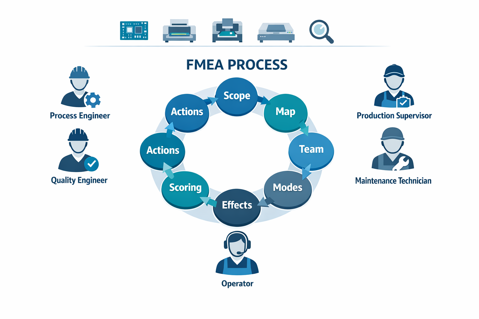 Infografik zum FMEA-Workflow mit Darstellung der Rollen des funktionsübergreifenden Fertigungsteams und des schrittweisen Analyseprozesses