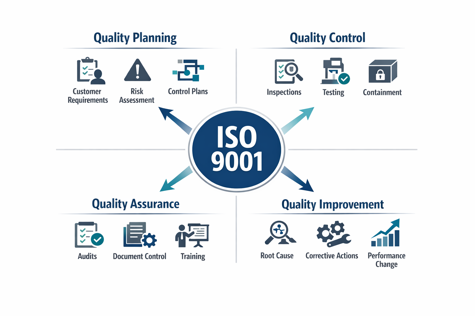 Khung tiêu chuẩn ISO 9001 được áp dụng cho lập kế hoạch chất lượng, kiểm soát chất lượng, đảm bảo chất lượng và cải tiến chất lượng.