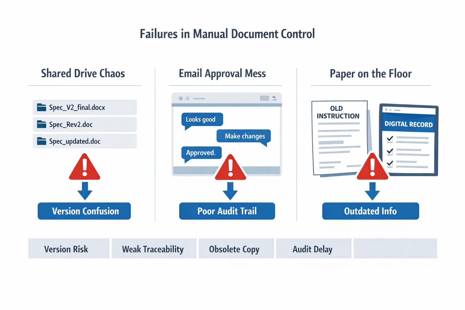 Manual document control failure points infographic showing shared drive confusion email approvals and obsolete paper copies