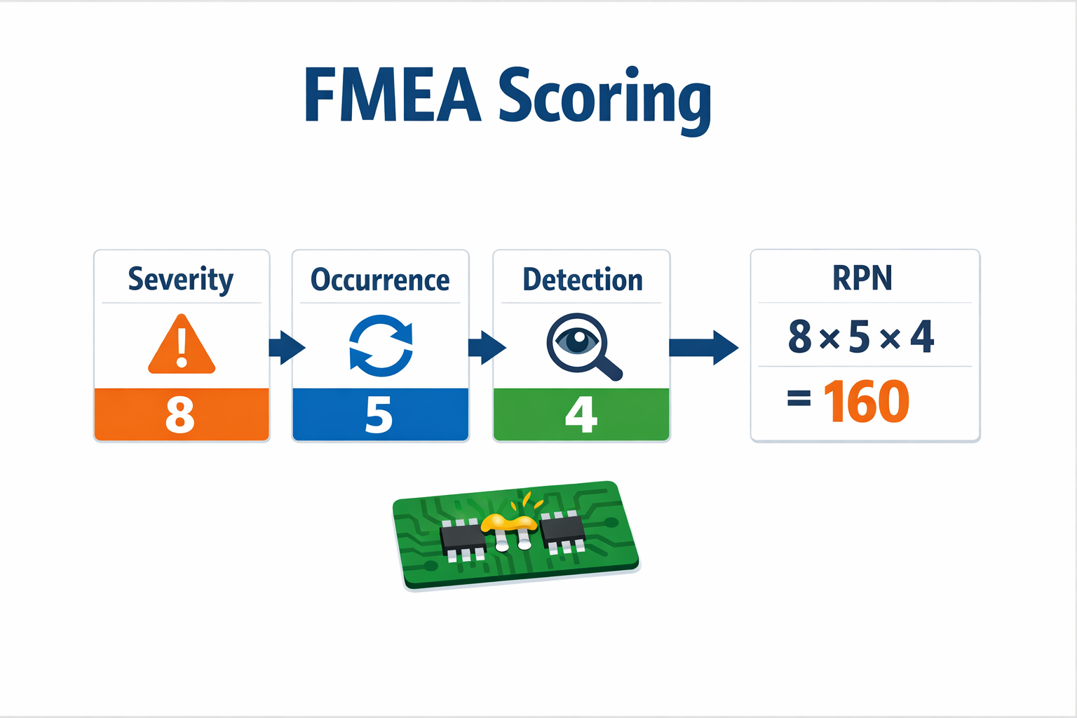 Infografik zur FMEA-Bewertung mit Darstellung der Schweregrad- und Risikoprioritätszahlberechnung für eine Lötbrücke auf einer Leiterplatte.