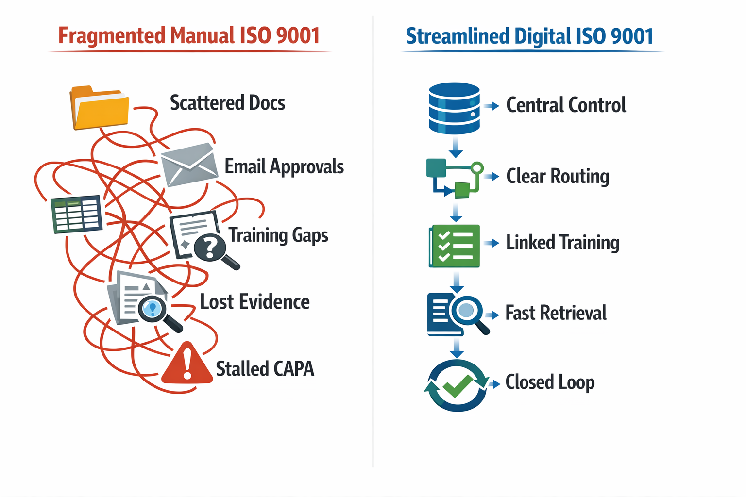 製造業中分散的手工 ISO 9001 流程與受控數位化工作流程的比較