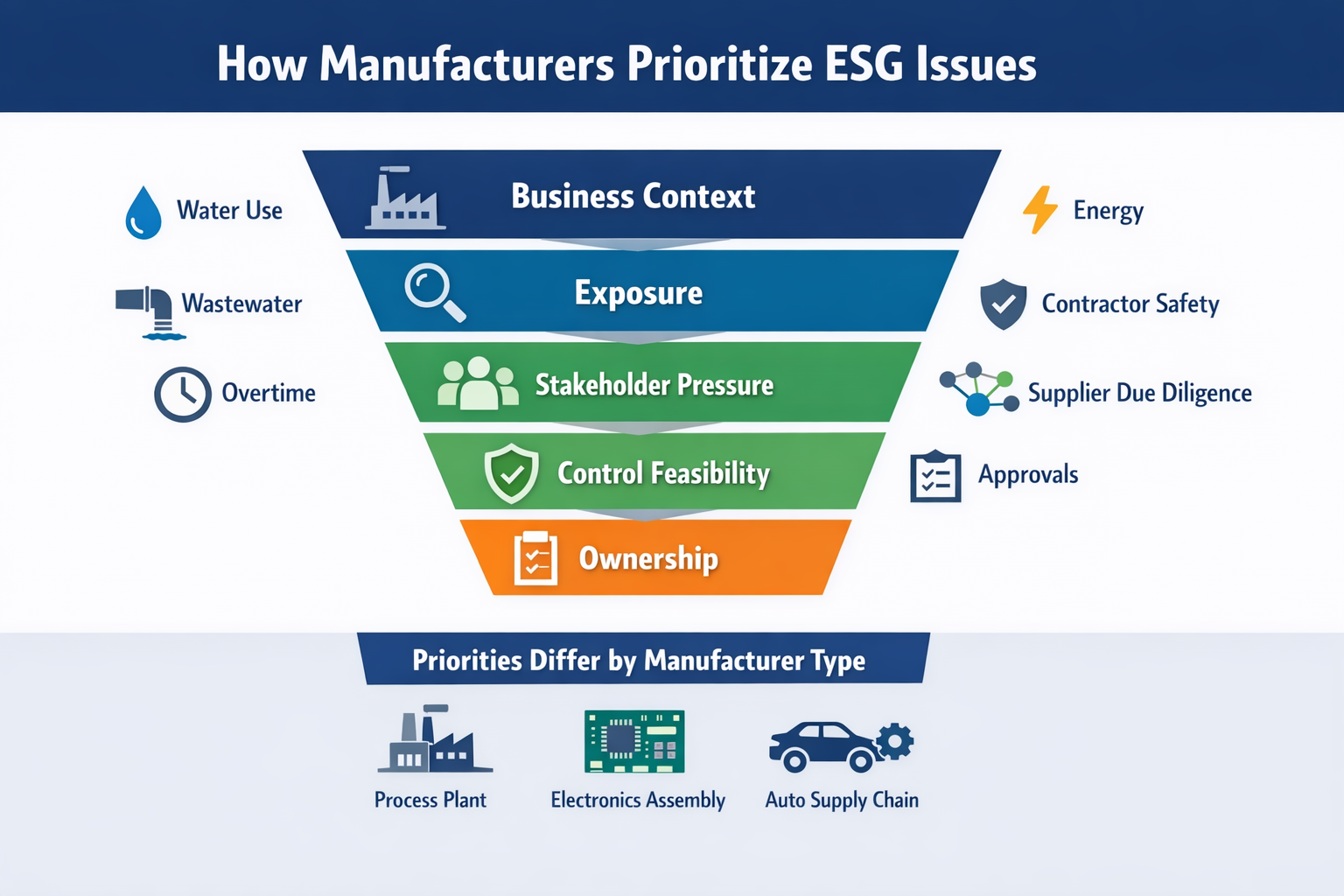Manufacturing ESG prioritization framework showing business context, exposure, stakeholder pressure, control feasibility, and ownership