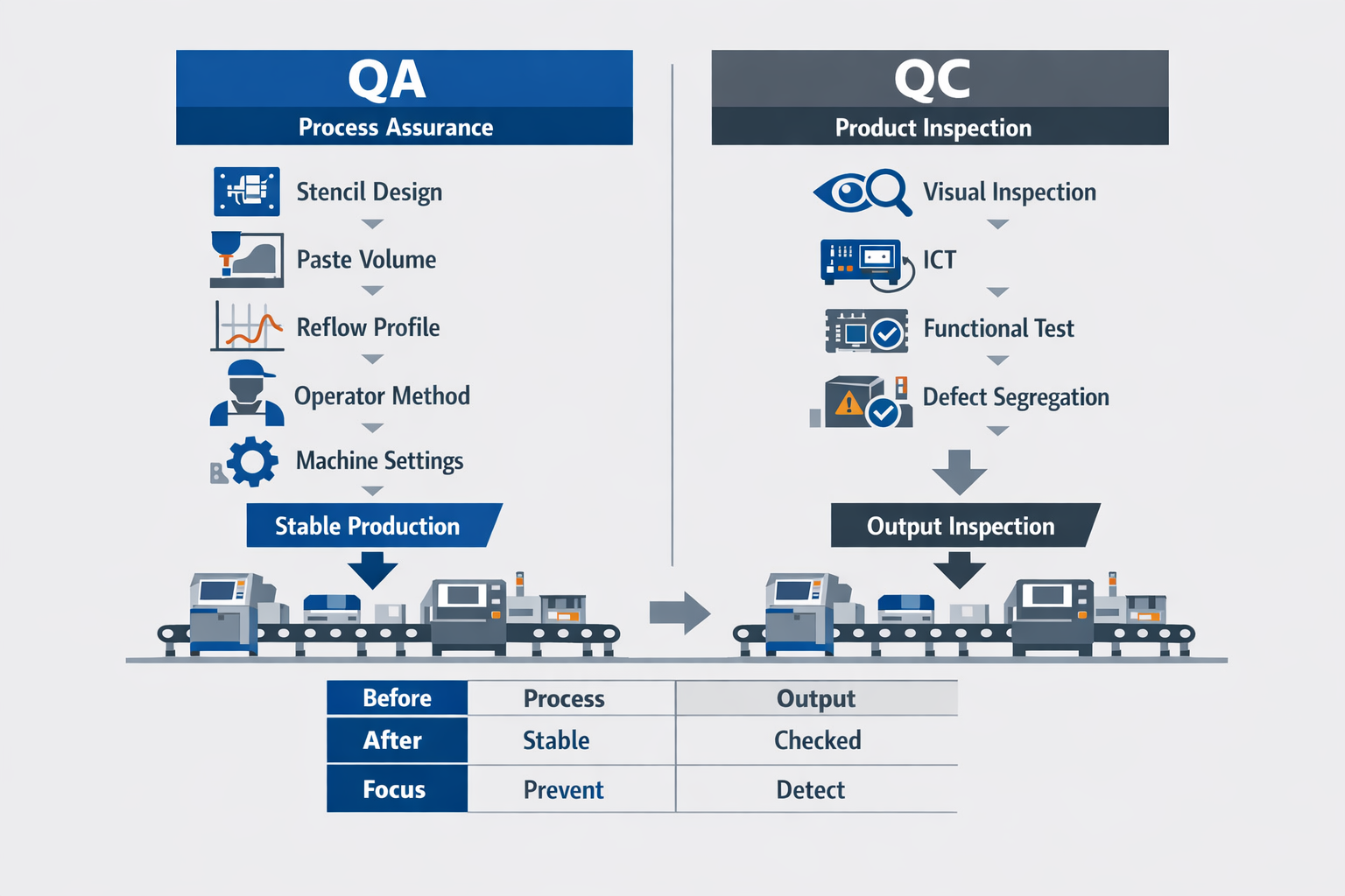 Infografik zum Vergleich von Qualitätssicherung und Qualitätskontrolle in der Fertigung: Prozesssicherung versus Produktprüfung an einer Produktionslinie