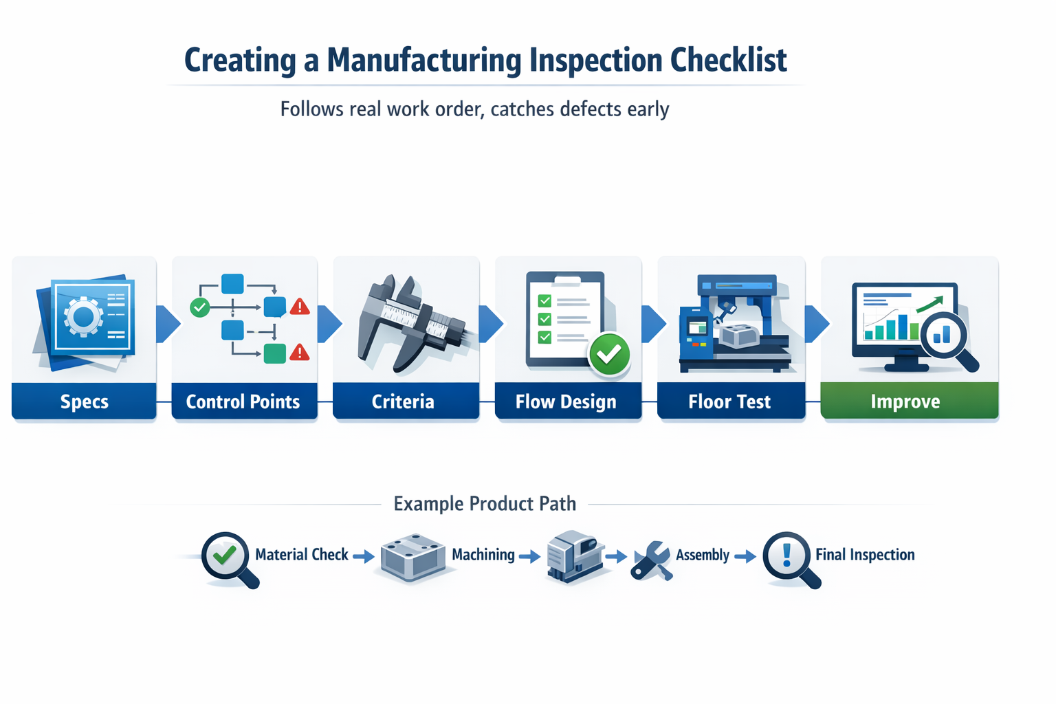 Schritt-für-Schritt-Infografik zur Erstellung einer Checkliste für die Fertigungsinspektion – von den Spezifikationen bis hin zu Tests und Verbesserungen in der Produktion
