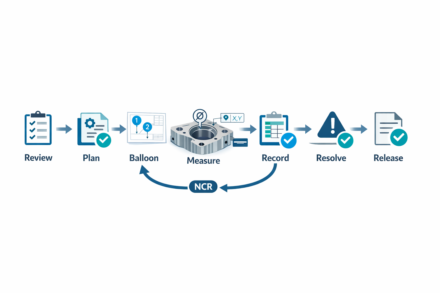 Step by step First Article Inspection workflow from drawing review to final approval and production release