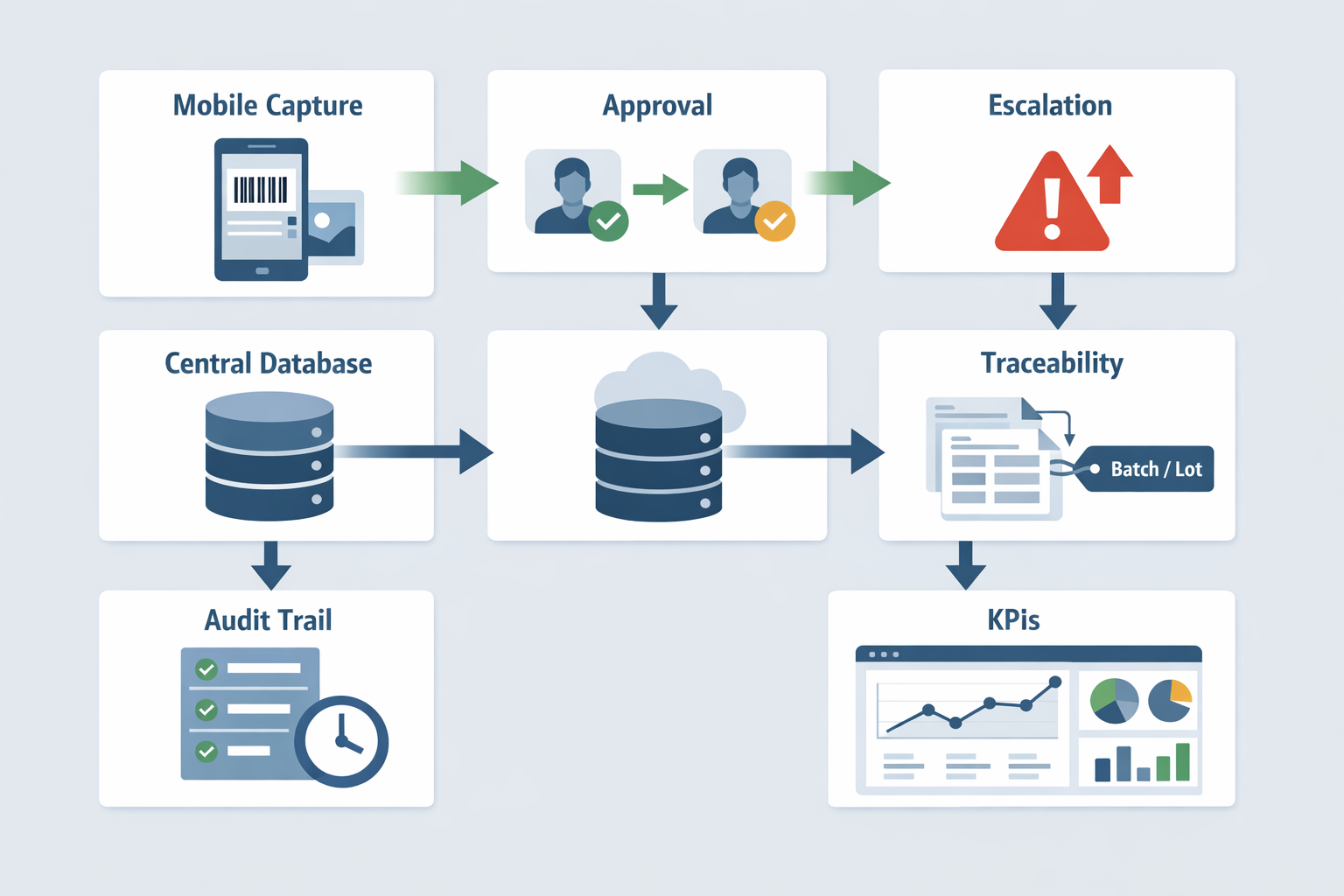 Auditfähiges digitales QA-System mit mobiler Datenerfassung, Rückverfolgbarkeit, Genehmigungen, Eskalation und KPI-Dashboard in der Fertigung