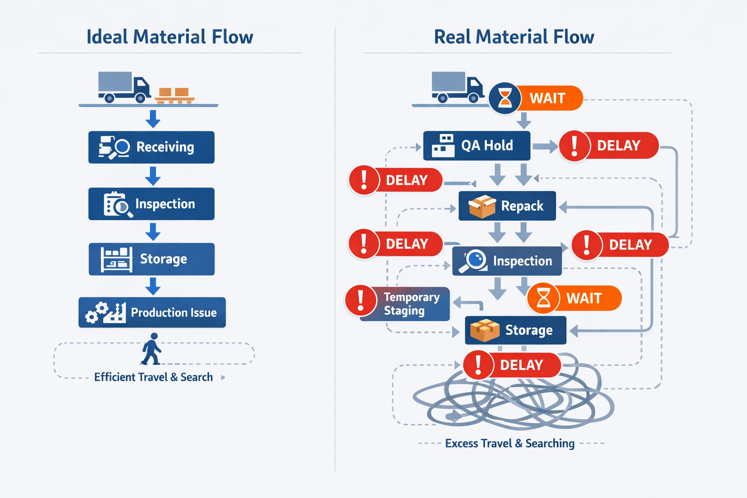 Manufacturing warehouse material flow map showing receiving, inspection, storage, QA holds, and production issue bottlenecks