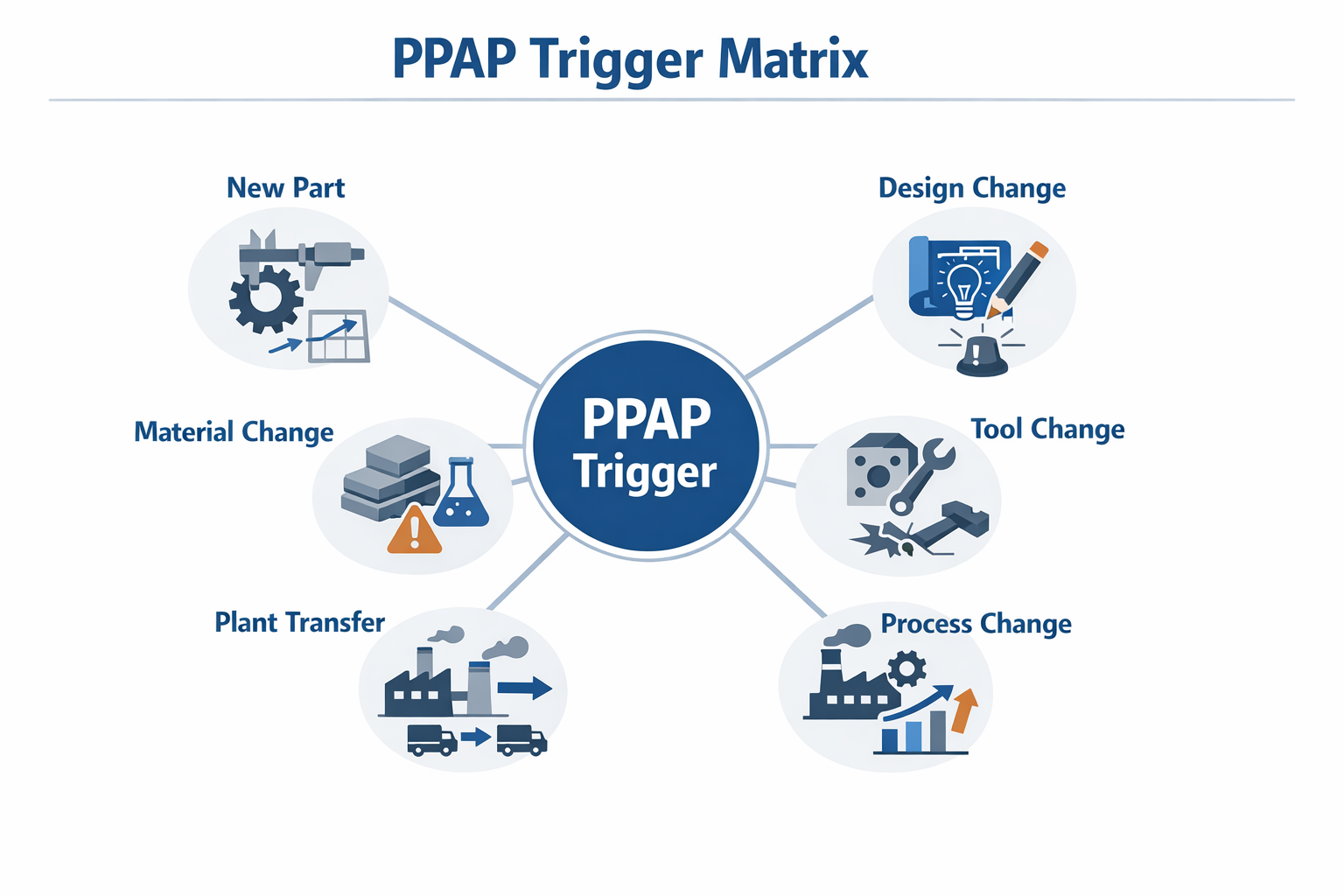 PPAP-Triggermatrix mit Darstellung häufiger Ereignisse wie Konstruktions-, Werkzeug-, Prozess-, Anlagen- und Materialänderungen, die eine Einreichung erfordern
