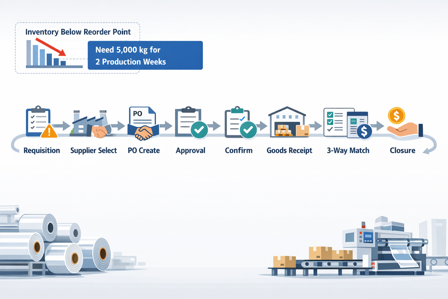 Manufacturing purchase order process workflow from requisition to payment closure