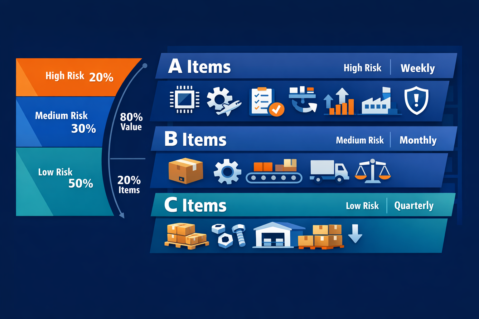 ABC cycle count method infographic showing A B and C inventory classes and count frequency