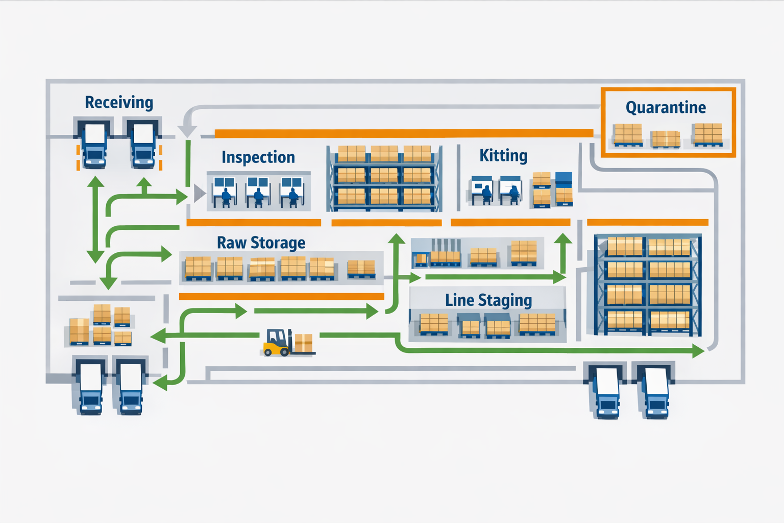 Top-down manufacturing warehouse layout with receiving, storage, kitting, staging, quarantine, and finished goods zones
