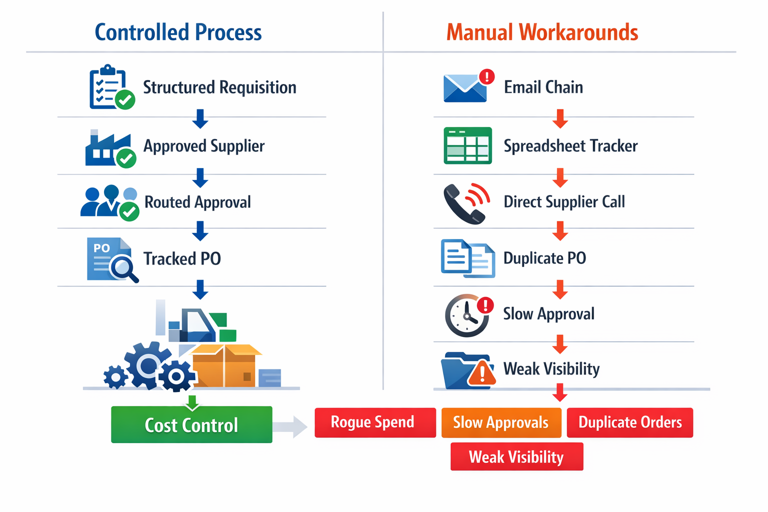 Manual purchase order management risks including rogue spending, approval delays, and duplicate orders