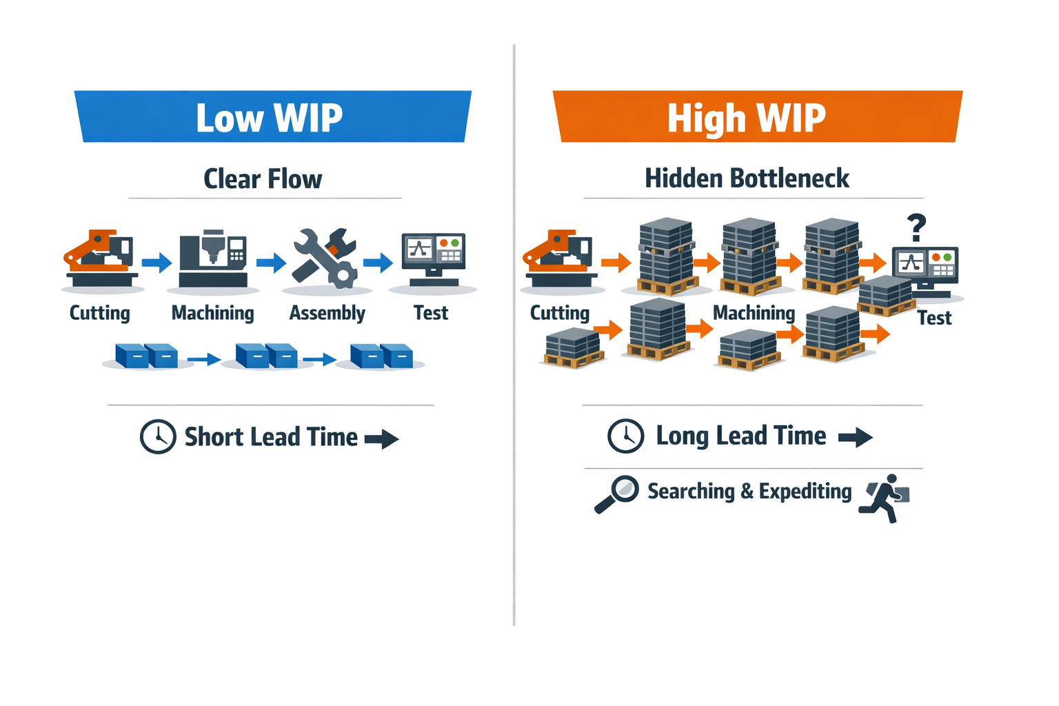 Comparison infographic showing how high work in process creates queues, hides bottlenecks, and increases lead time
