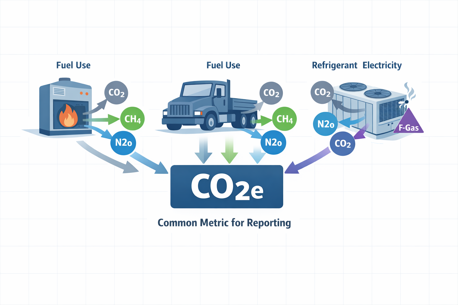 Infographic showing manufacturing emission sources and different greenhouse gases converted into a common CO2e framework.