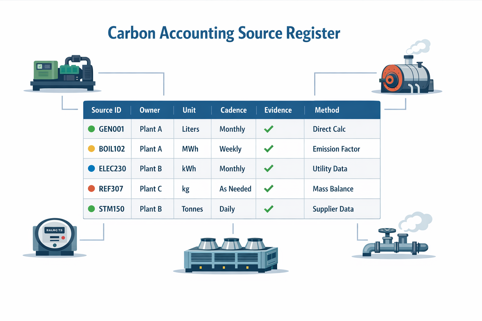 Source register infographic for manufacturing carbon accounting showing plant emission sources, owners, units, cadence, and evidence fields.
