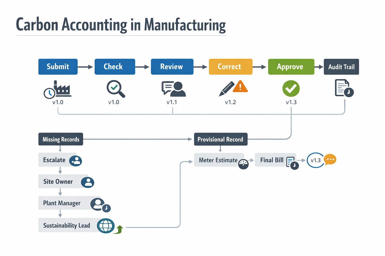 Workflow infographic for manufacturing carbon accounting showing monthly data submission, validation, escalation, provisional records, and audit trail traceability.